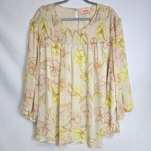 EVRI Floral Smocked Long Sleeve Blouse, Flowy Boho, Cream Yellow Orange, 4X